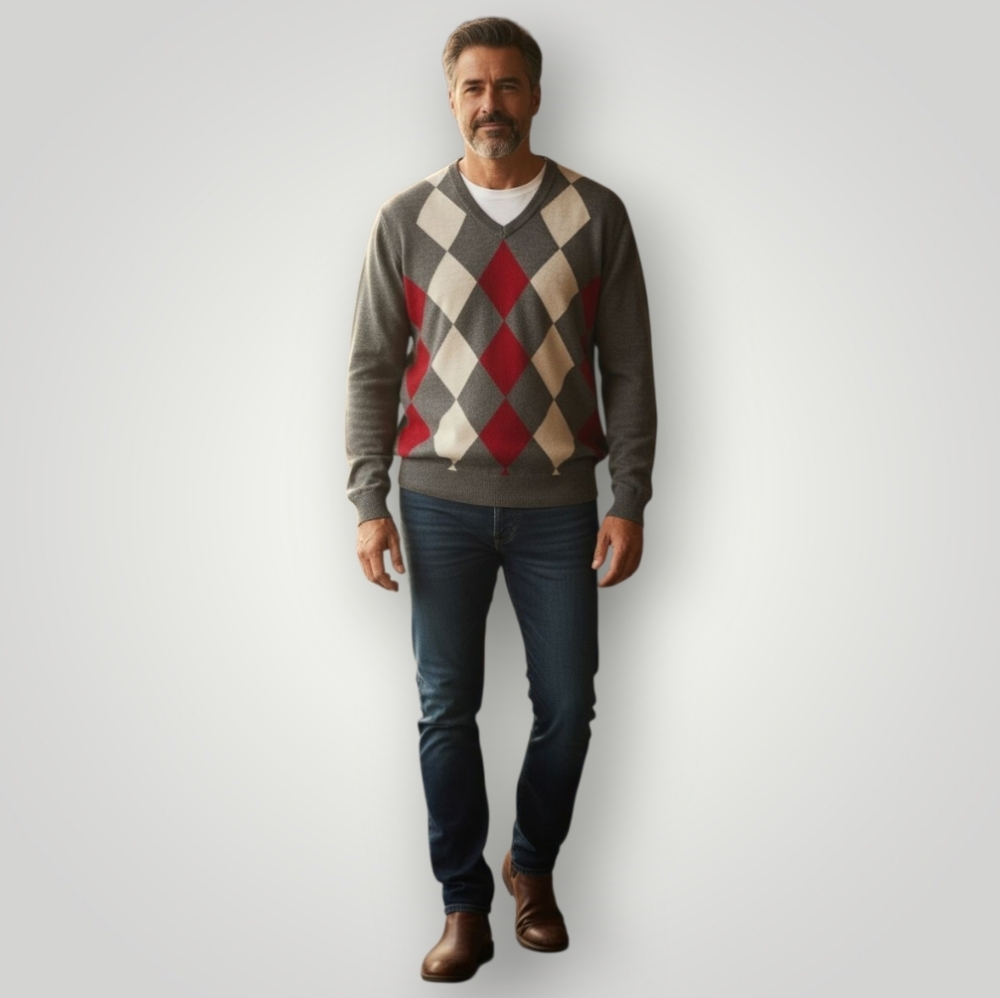 Jos.‎ A. Bank Executive Collection Lambswool Argyle V-Neck Sweater Gray Red L